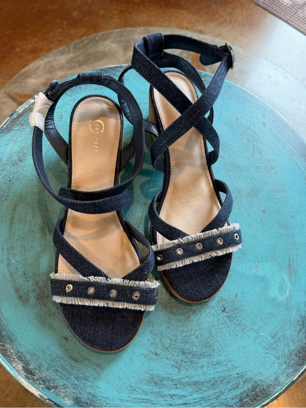 Denim Strappy Flat Sandals - Navy Blue